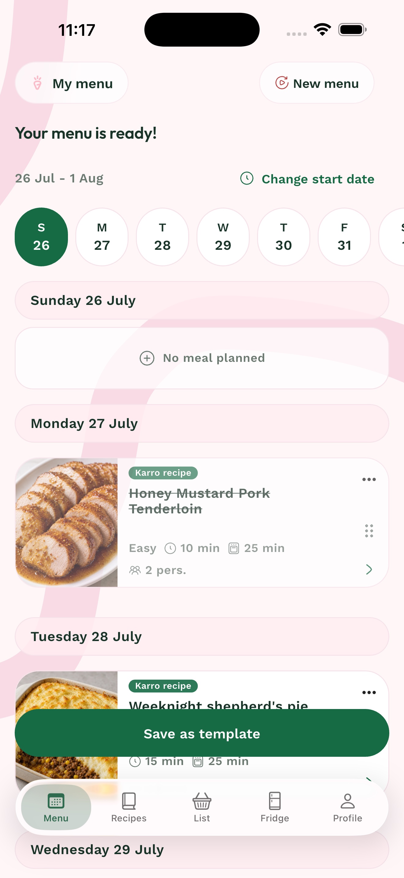 Karro Pro menu, official screenshot already used on the website. Illustrative interface and content, not a current price observation.