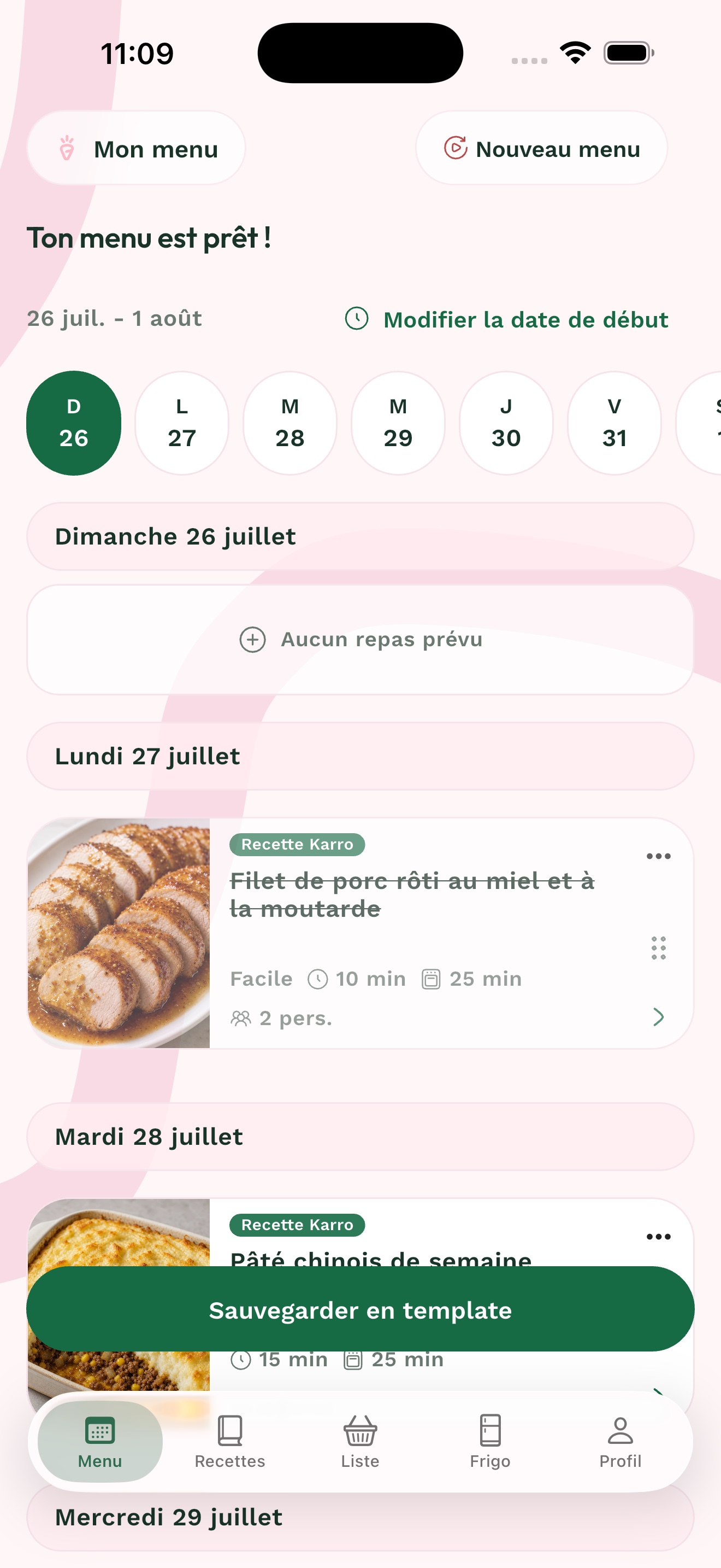Menu hebdomadaire dans Karro Pro