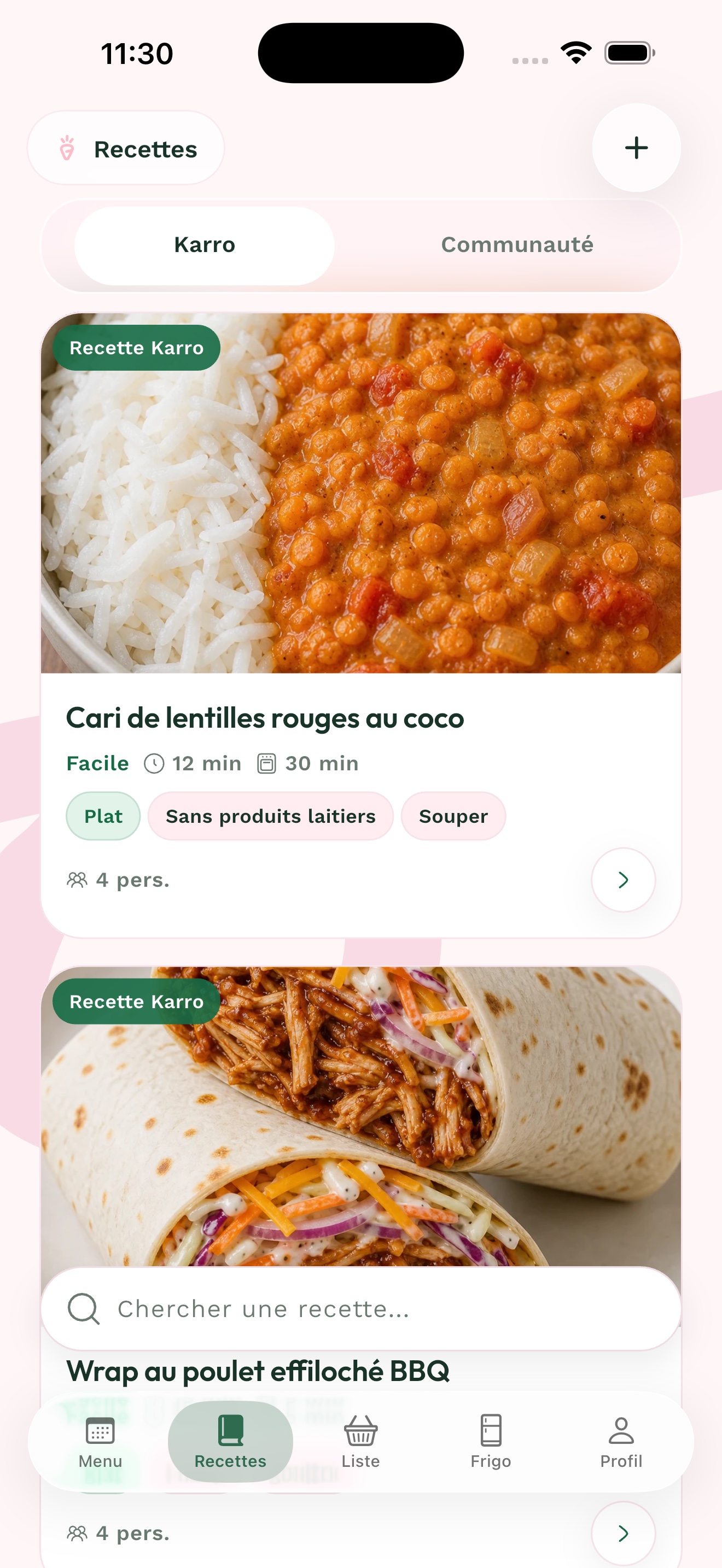 Catalogue de recettes dans Karro Pro