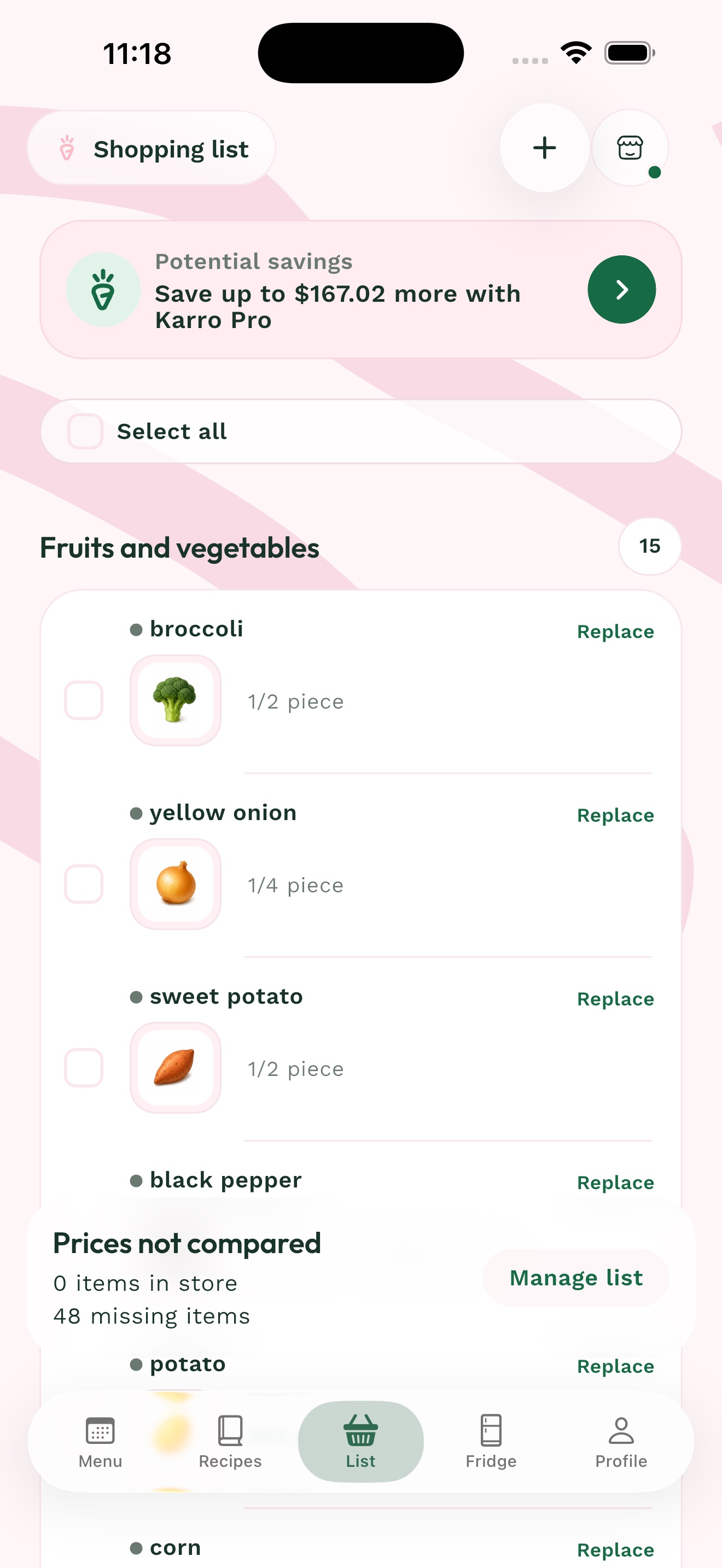 Generated grocery list in Karro Pro
