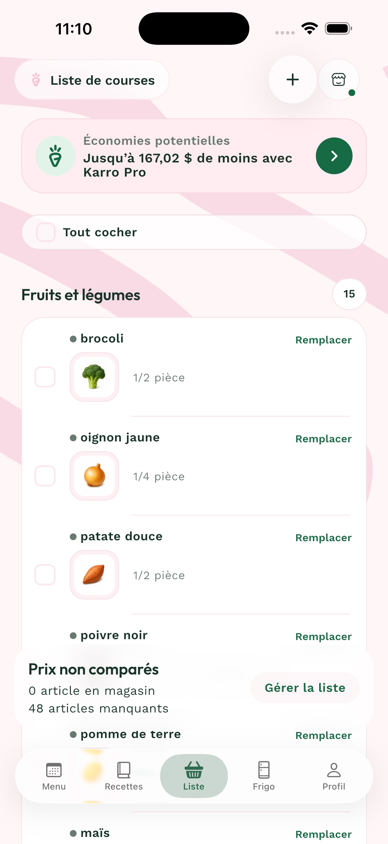 Liste d'épicerie générée dans Karro Pro
