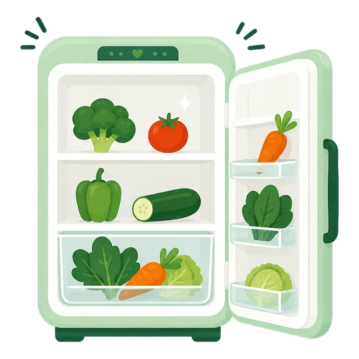 Un frigo ouvert avec des légumes sur ses étagères