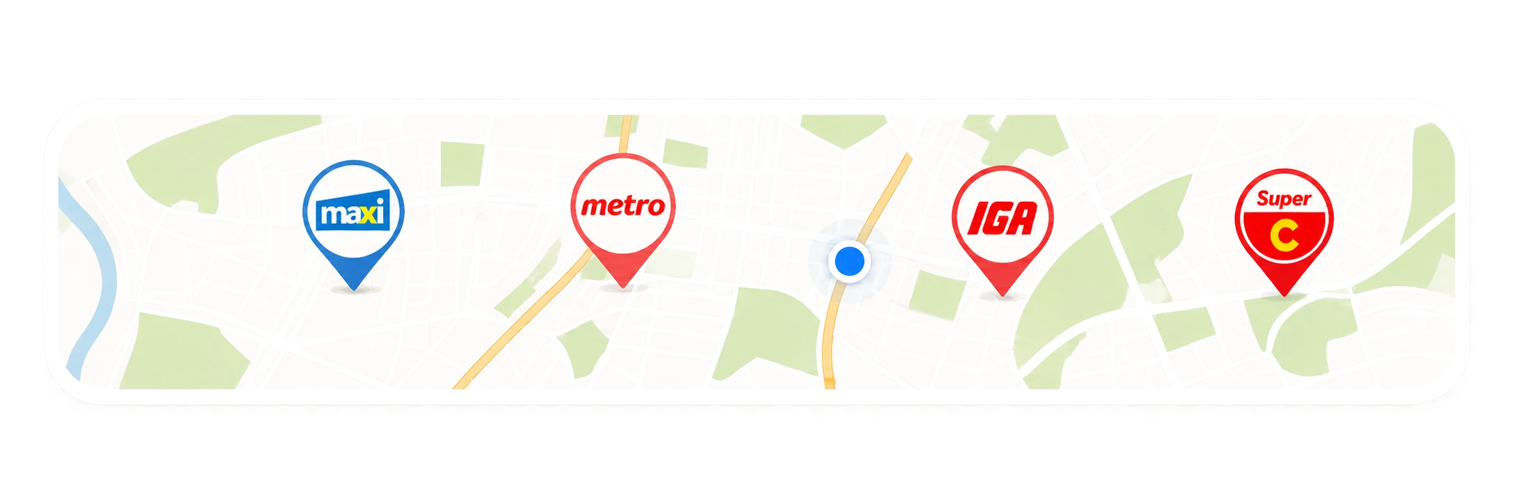 Carte illustrée des épiceries Maxi, IGA, Super C, Metro et Provigo couvertes par Karro