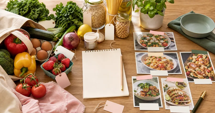 Groceries, blank price tags and meal cards organized on a table