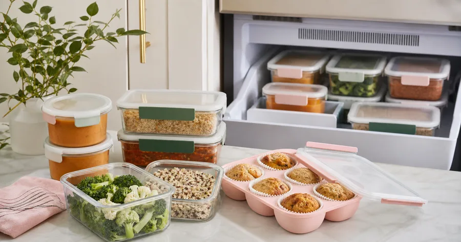 Soupes, chili, grains et légumes rangés en portions près d'un congélateur organisé