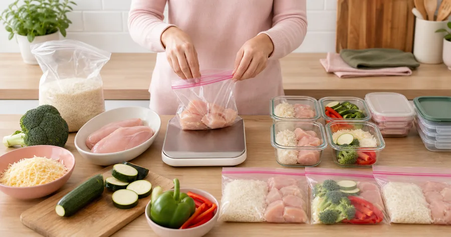 Aliments en grand format divisés en portions et rangés dans des contenants réutilisables