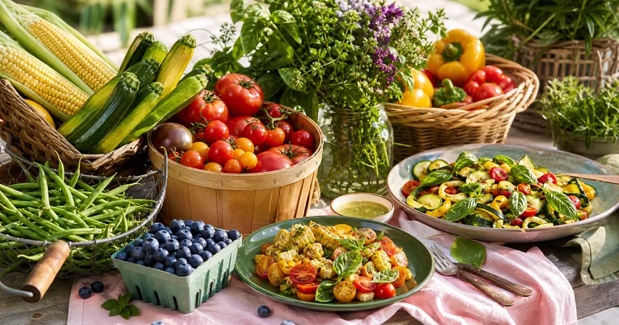 Quebec corn, tomatoes, zucchini, blueberries and peppers on a market table