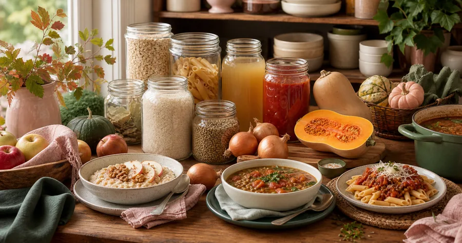 Rice, pasta, lentils, tomatoes, squash and apples arranged with autumn dishes