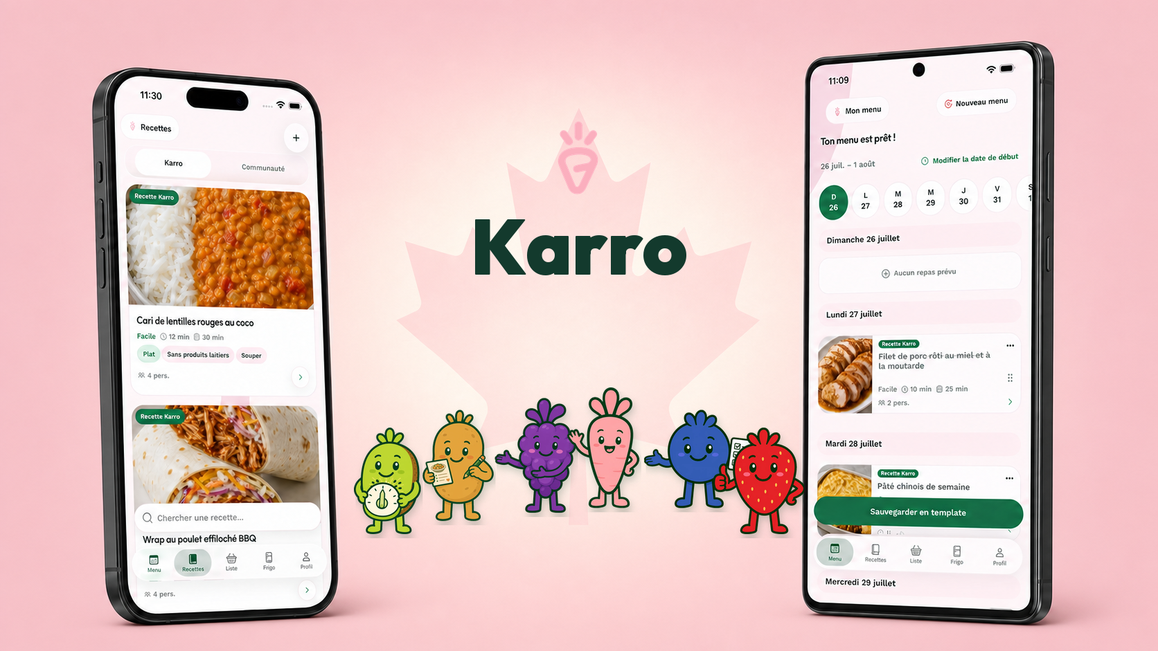 Karro on an iPhone and an Android phone, surrounded by all six mascots on a pink background