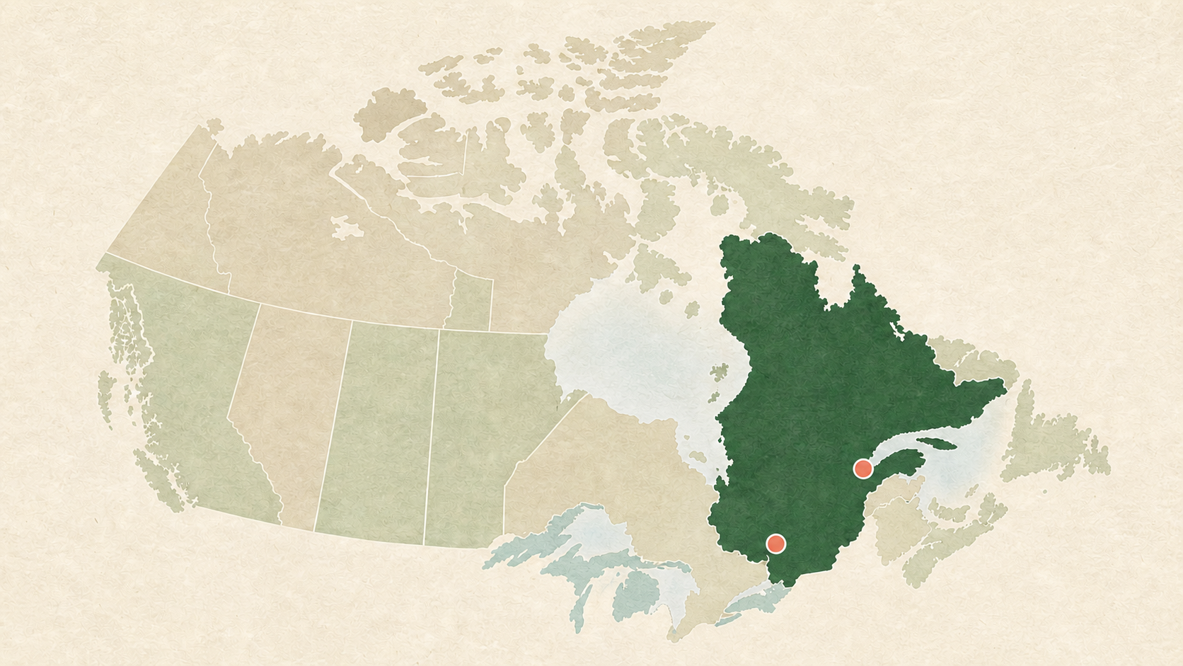 Carte du Canada mettant en évidence Montréal et Québec