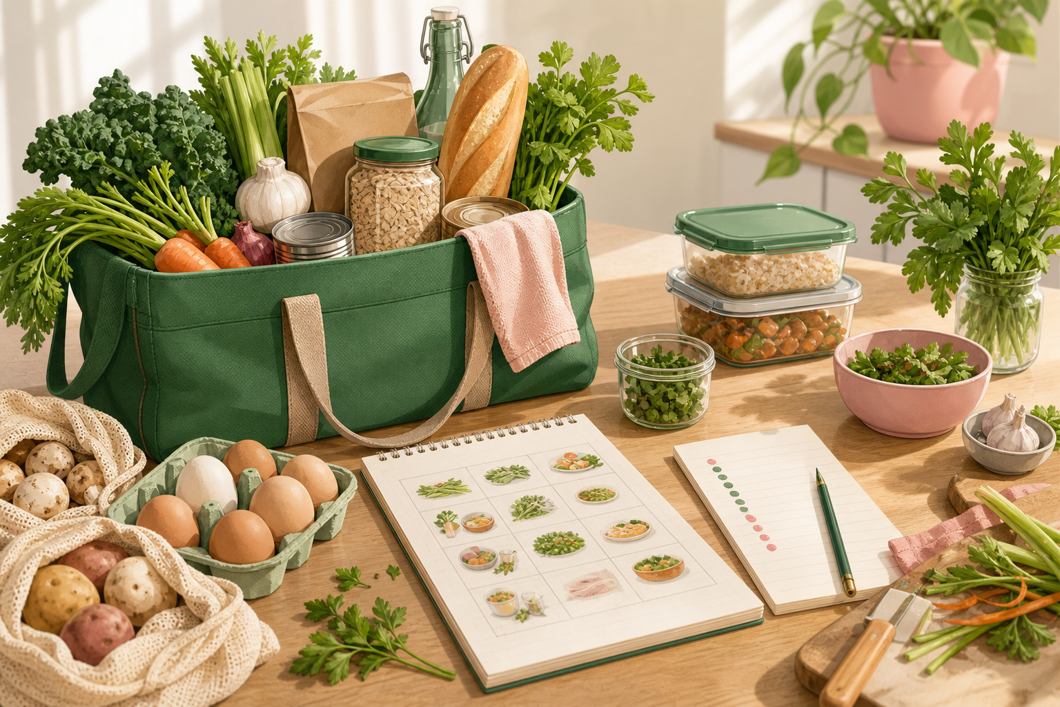 Panier d'épicerie, plan de repas et contenants de restes sur une table de cuisine