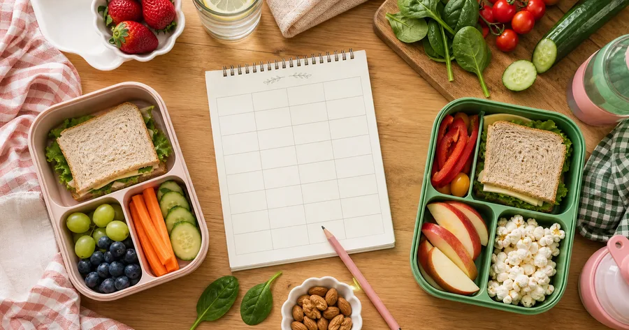 Boîtes à lunch équilibrées et ingrédients colorés préparés sur une table familiale