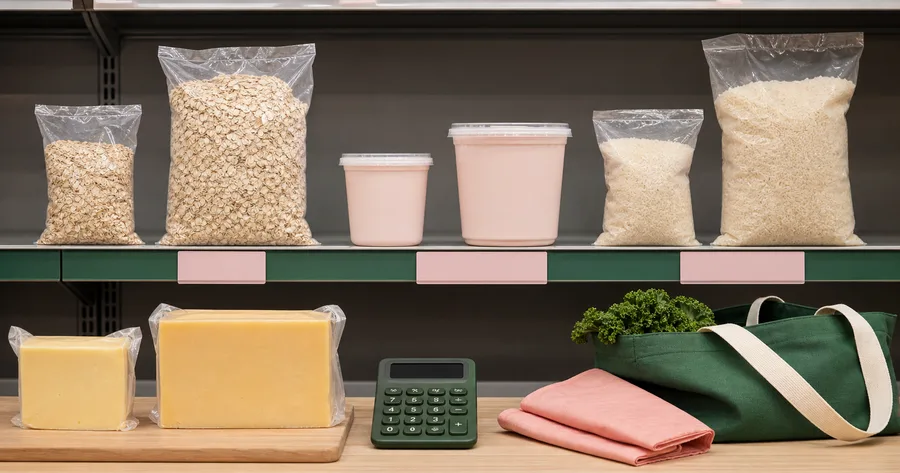 Two sizes of generic grocery products compared in front of neutral shelf labels