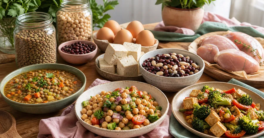 Lentilles, pois chiches, oeufs, tofu et poulet présentés avec des plats simples