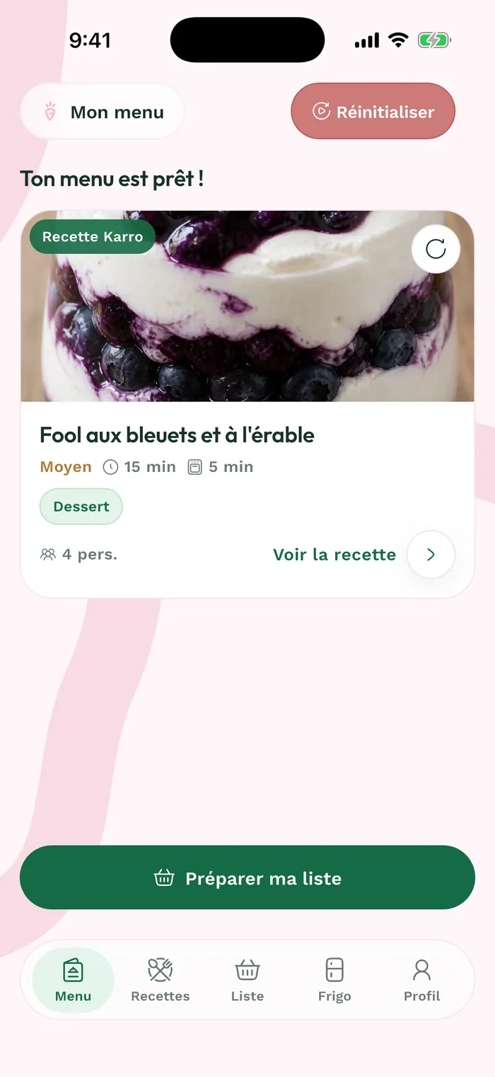 Menu hebdomadaire Karro en français