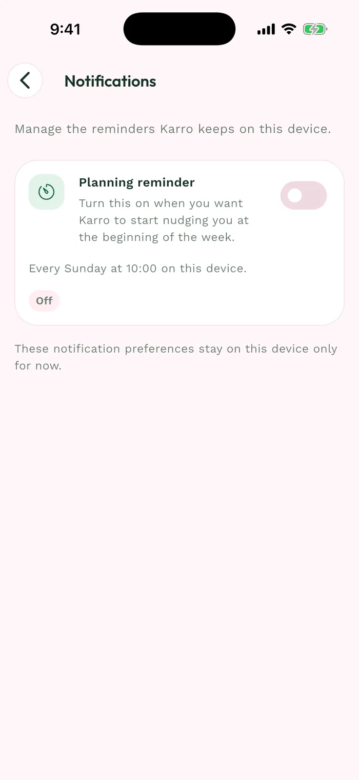 Karro notification settings in English