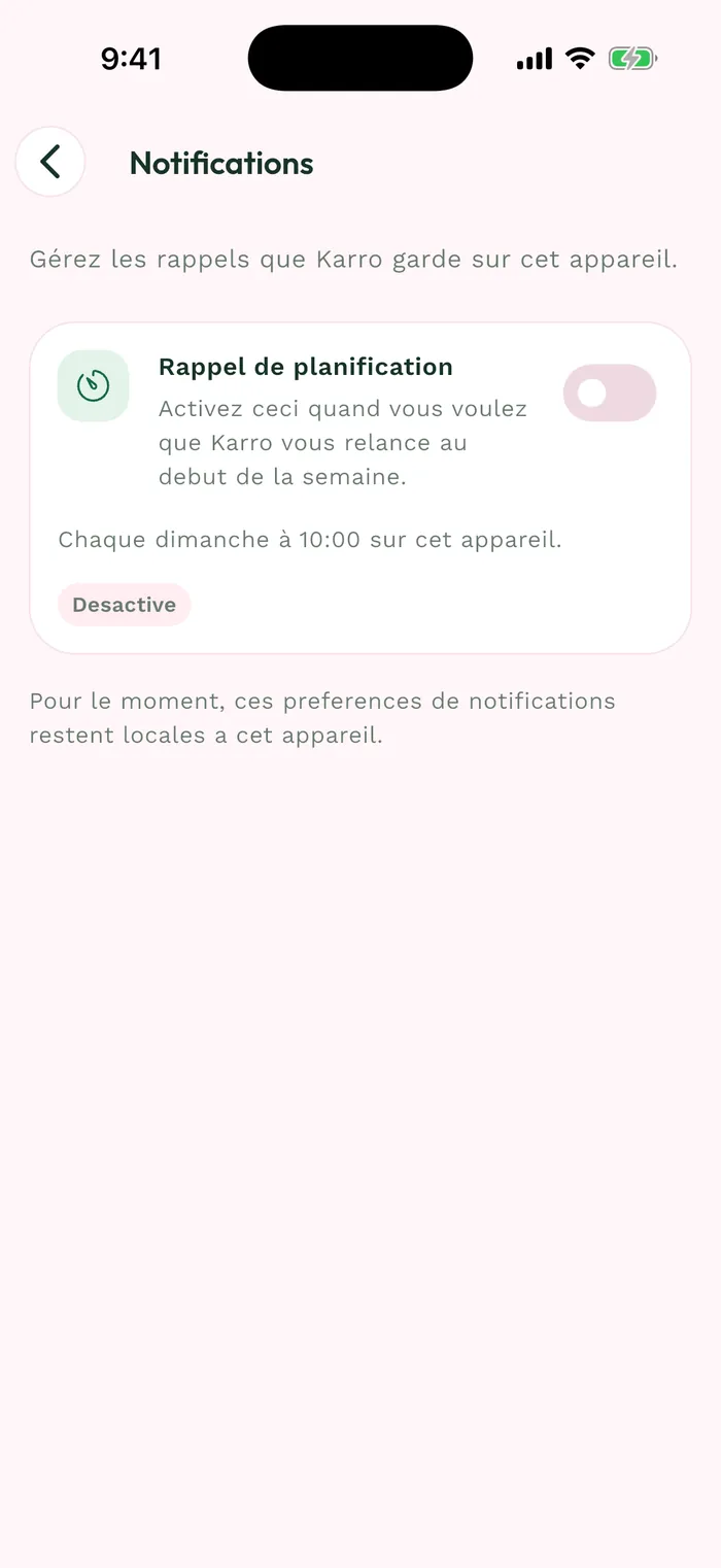 Réglages de notifications Karro en français