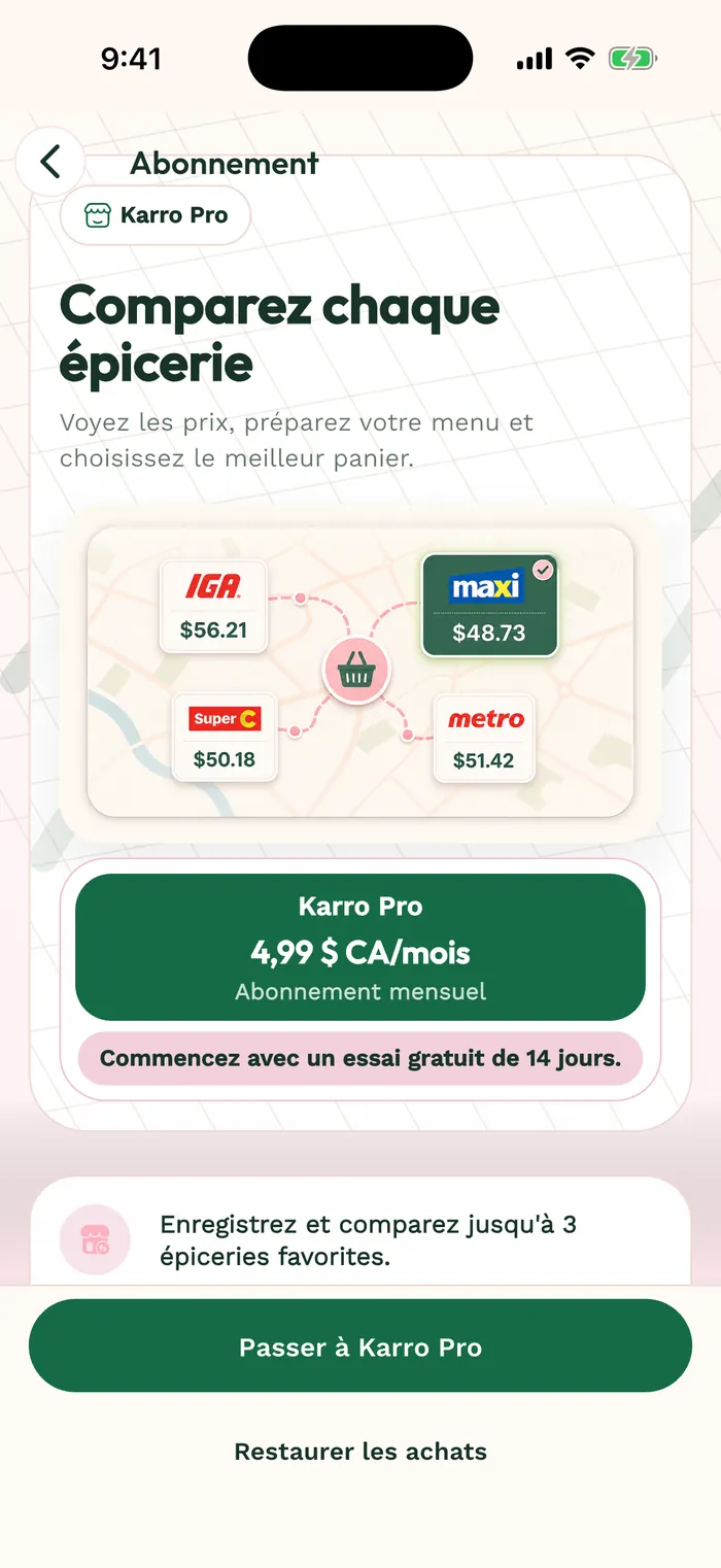 Écran d’abonnement Karro Pro en français