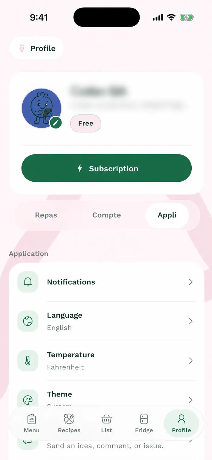 Karro Profile screen in English