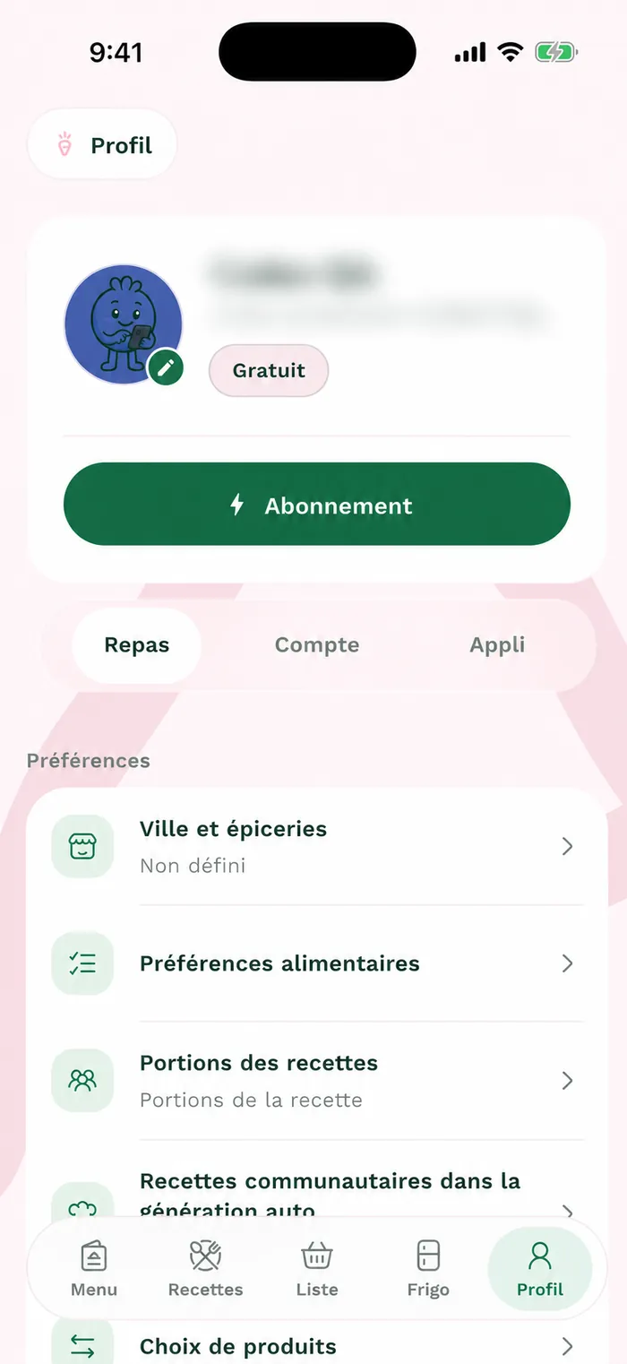 Écran Profil de Karro en français