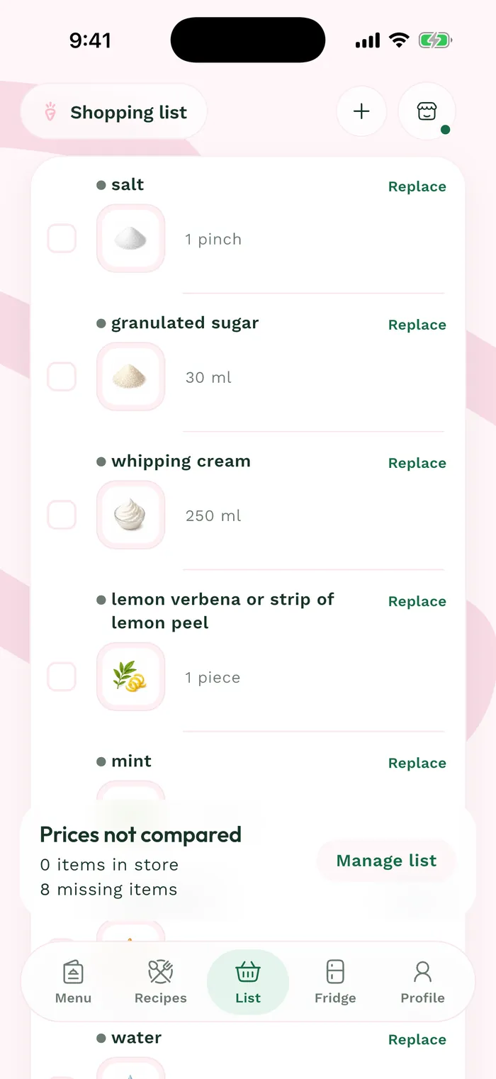 Karro grocery list in English